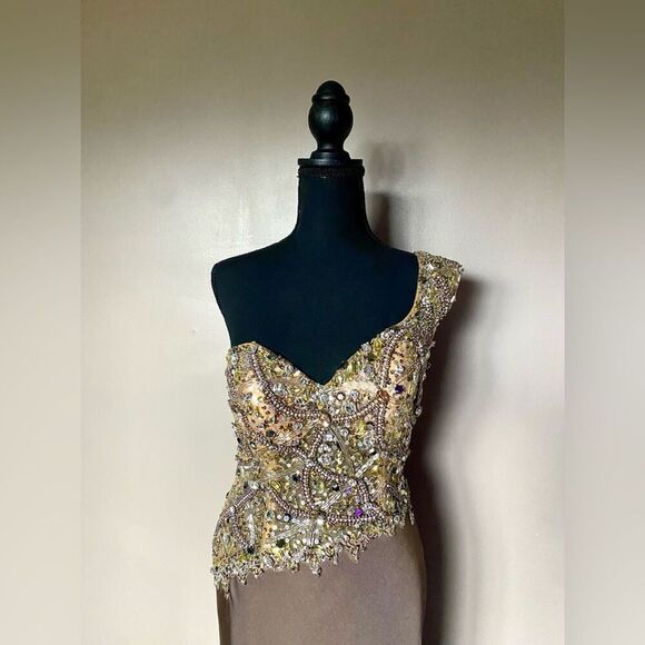 TERANI COUTURE prom pageant gown beaded bronze brown floor length dress sz 8 NWT - Picture 5 of 12